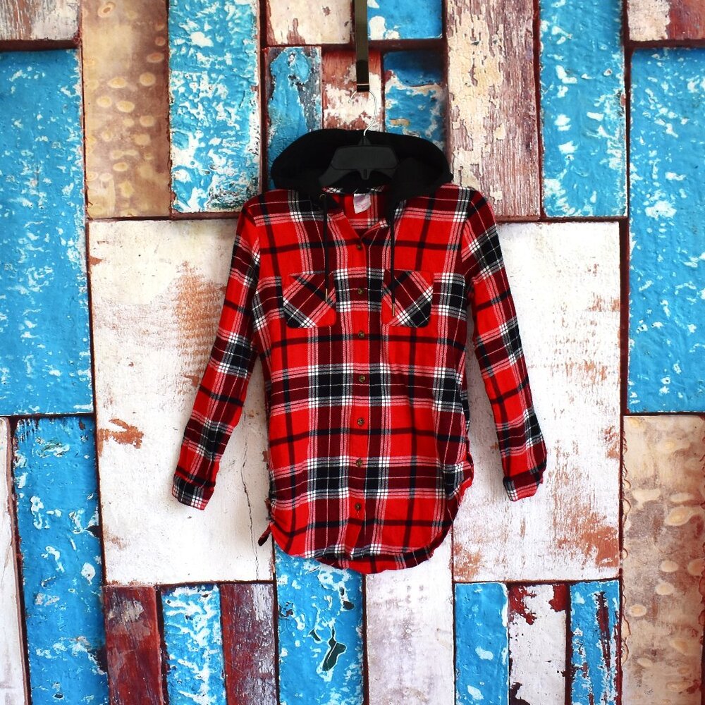 Women's No Boundaries Junior's Long Sleeve Hooded Button Up SMALL Red Plaid
